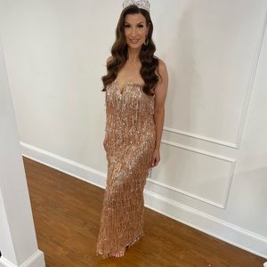Fashion Nova rose gold fringe gown.
